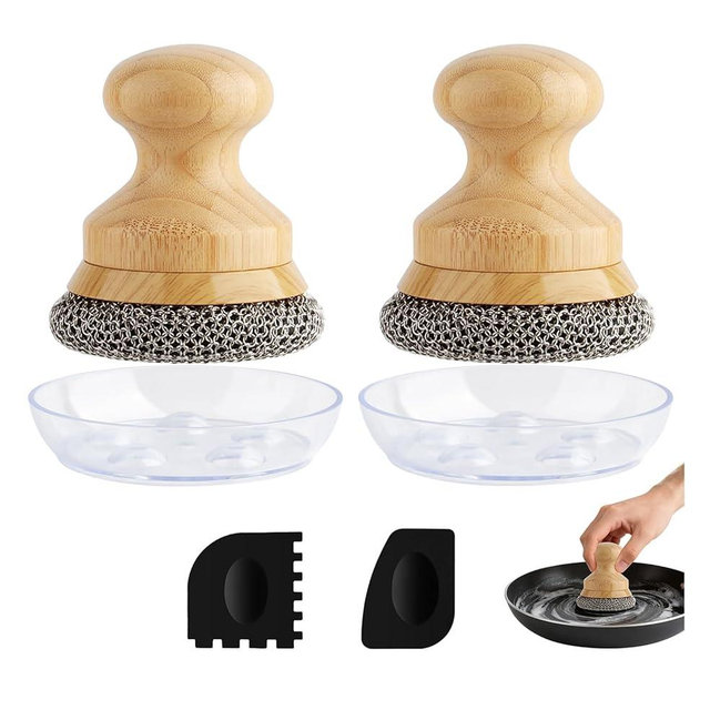 Beeptrum Cast Iron Scrubber and Scraper,Chain Mail Cleaner with Bamboo Handle & Draining Tray,316 Stainless Steel Brush for Cleaning Pots,Pans,Wok,Bakeware,Griddles, Grills(Small Chainmail,2pcs)