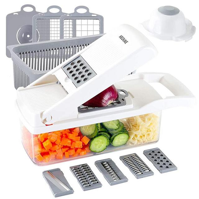 KEOUKE Vegetable Chopper Slicer Dicer - 12-in-1 Fruits Cutter Mandoline Slicer Food Chopper/Cutter with 7 Stainless Steel Blades, Adjustable Slicer & Dicer with Storage Container