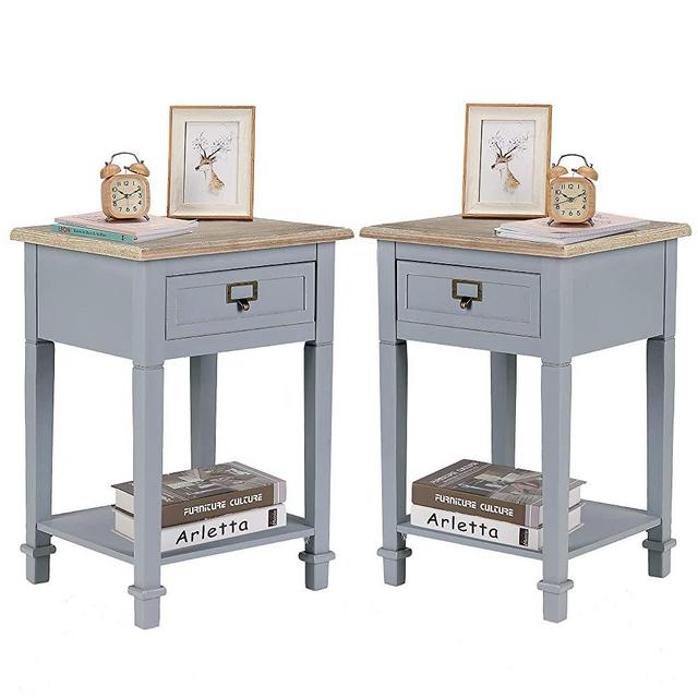 Wnutrees Rustic Farmhouse Accent End Table, Nightstand Side Tables with Drawers and Open Storage Shelf for Living Room Bedroom, Wooden Top, Handcrafted Finish, Set of 2, Grey (FZTB104GY)