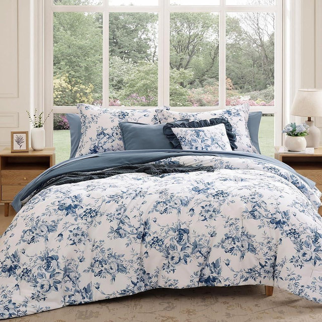 BLOOMHAVEN Full Comforter Set -7 Pieces Floral Blue Comforter Set for All Seasons, Bed in a Bag Full with Botanical Flowers Comforter, Sheets, Pillowcases & Shams