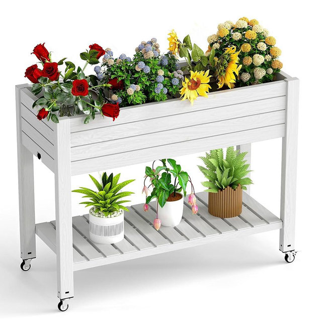 EasyUp Elevated Horticulture Raised Garden Bed with Legs, Divisible Raised Resin Planter Box for Backyard, Patio, Balcony, with 4 Legs, 4 Swivel Lockable Wheels, and Storage Shelf,Ashen