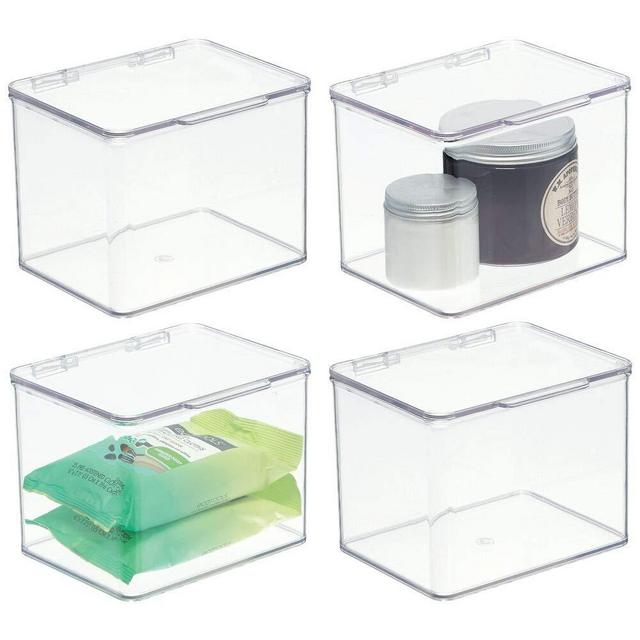 mDesign Stackable Plastic Storage Bin Box with Hinged Lid Organizer for Vitamins, Supplements, Serums, Essential Oils, Medicine Pill Bottles, Adhesive Bandages, First Aid Supplies - 4 Pack - Clear
