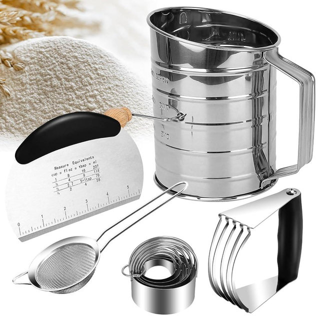 Stainless Steel Pastry Blender Set - 9PCS Biscuit Cutter, Dough Cutter, Flour Sifter & Mesh Strainer for Cookies & Donuts