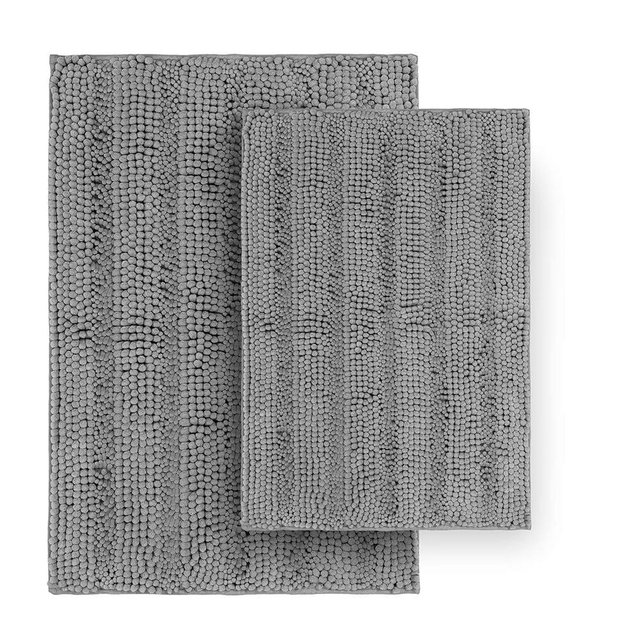 Tafts Striped Chenille Bathroom Rugs and Mats Sets, Ultra Soft Chenille Microfiber, Absorbent Non-Slip Machine Washable Bath Rugs, Bath Mat for Bathroom, Shower Mat, Tub, 20"x32" & 18"x24", Grey