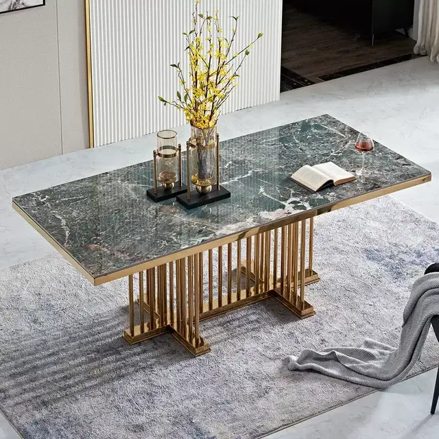 Modern Sintered Stone Dining Table Gold Pedestal Base
