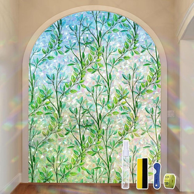 Folumoliy Window Privacy Film - Leaf Rainbow Window Film Stained Glass Window Cling, Anti UV Heat Control Reusable Privacy Film for Glass Windows for Home,Green,29.5" X 78.7"(with 4 Tools)
