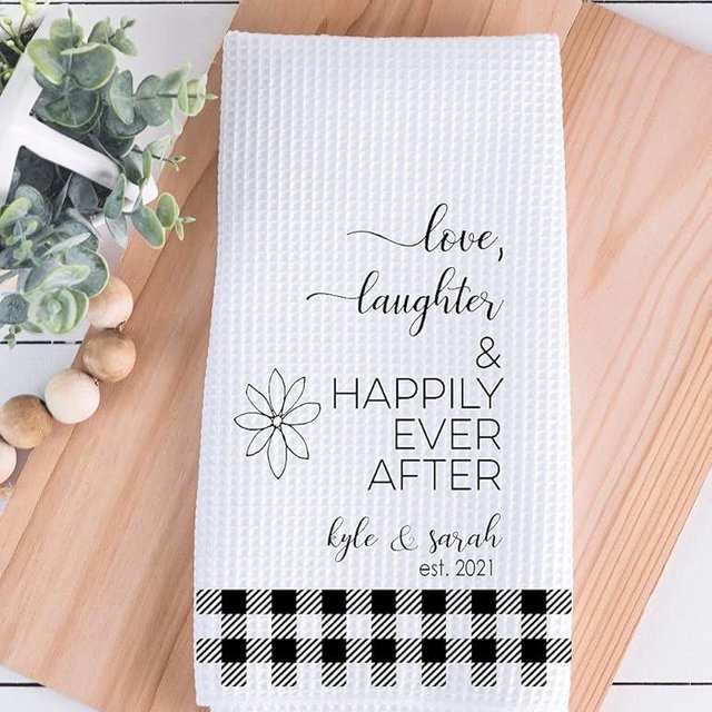 Personalized Love Laughter Happily Ever After Kitchen Towel, Wedding Gift, Shower Gift, Personalized Gift