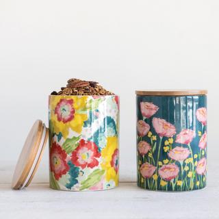 Floral Stoneware Canister, Set of 2
