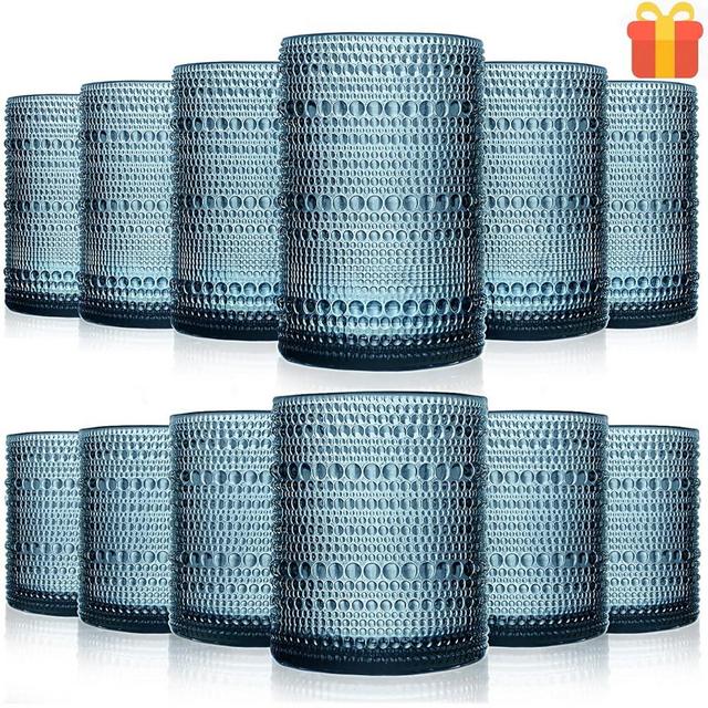 megarte Hobnail Drinking Glasses Set - 12 Count Vintage Cocktail Glassware 6 Pcs Old Fashioned Bubble Glass Cups 14 Oz & 6 Pcs Rocks Drinkware 11 Oz for Water Wine Whiskey Juice Cornflower Blue