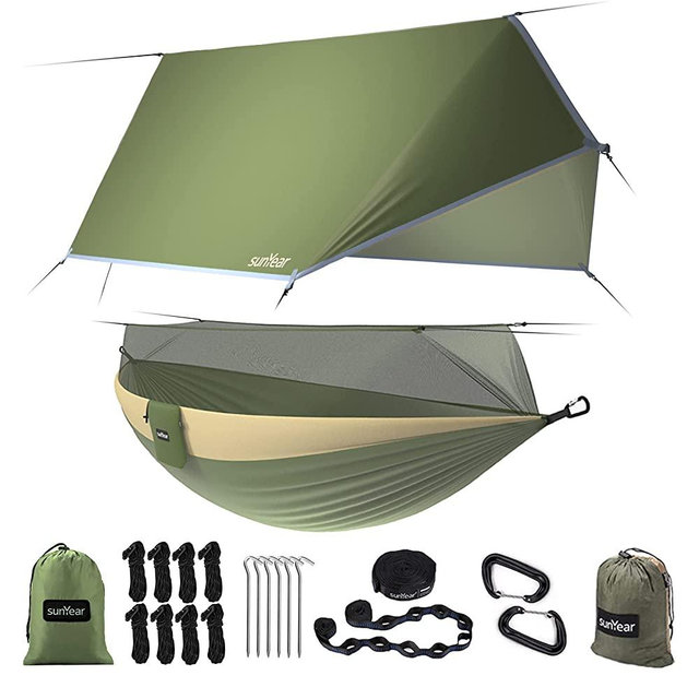 Sunyear Single & Double Camping Hammock with Net, Portable Outdoor Tree Hammock 2 Person Hammock for Camping Backpacking Survival Travel, 10ft Hammock Tree Straps and 2 Carabiners, Easy to Setup