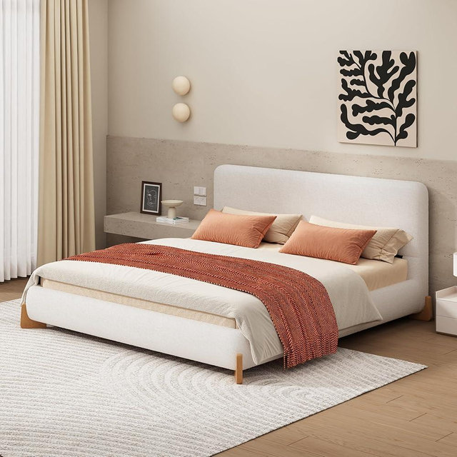 Merax King Bed Frame and Headboard, Boucle Upholstered Bed Platform Bedframe, No Box Spring Required, Noise Free, White