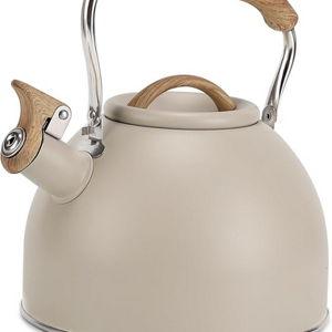 Tea Kettle, Vegoran 100 OZ / 3 Liter Whistling Tea Kettle, Tea Pots for Stove Top Food Grade Stainless Steel with Wood Pattern Folding Handle, Loud Whistle Kettle for Tea, Coffee, Milk (Milk White)