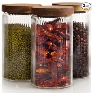 Mason & Fable Ribbed Glass Jars with Wooden Lid 27 fl oz- Set of 3 | Airtight Fluted Storage Container for Pasta, Coffee, Candy, Dog Treats, Snacks | Glass Organization Canisters for Home & Kitchen