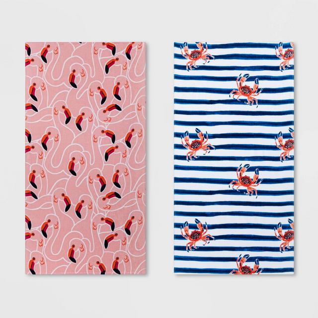 2pk Flamingo and Crab Striped Beach Towel Set Pink/Blue - Sun Squad™