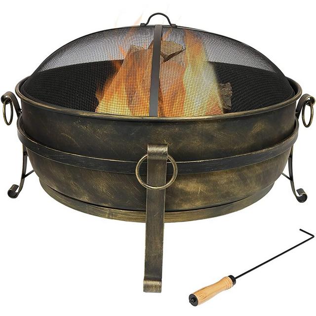 Sunnydaze Cauldron Outdoor Fire Pit - 34 Inch Large Bonfire Wood Burning Patio & Backyard Firepit for Outside with Round Spark Screen, Fireplace Poker, and Metal Grate