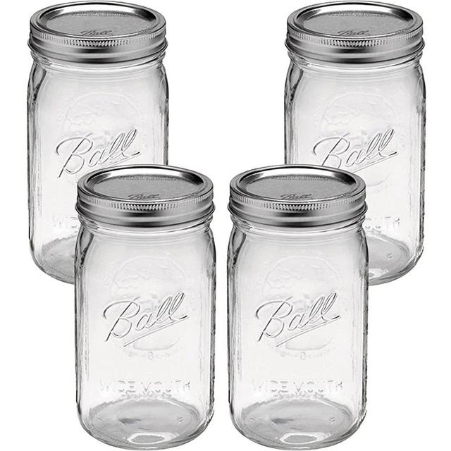 Wide Mouth Mason Jars 32 oz - (4 Pack) Ball Quart With Airtight lids and Bands For Canning, Fermenting, Pickling, Freezing, Storage Glass jar, Microwave & Dishwasher Safe, Clear
