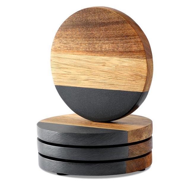 Marble Acacia Wood Drinks Coasters Set of 4, Acacia Wooden Coasters for Drinks Coffee Table Dining Table Desk Christmas Housewarming Home Office Antique Black