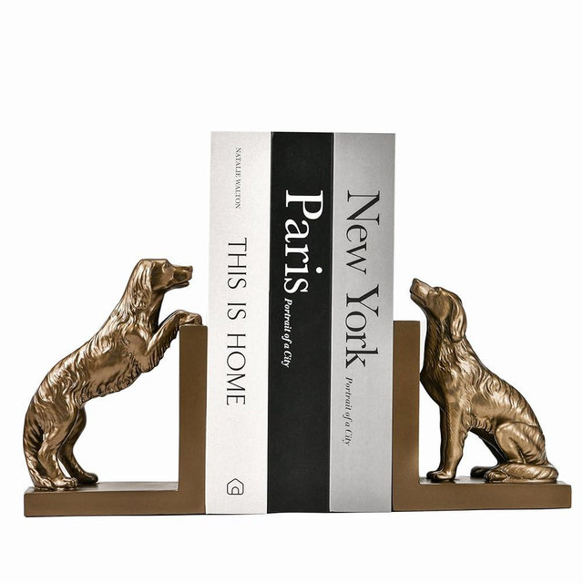 ifreeside 1 Pair Dog Bookends for Shelves, Vintage Resin Bookends for Heavy Books, Home Office Desk Decor, Golden Retriever Book Ends (Gold Dog)