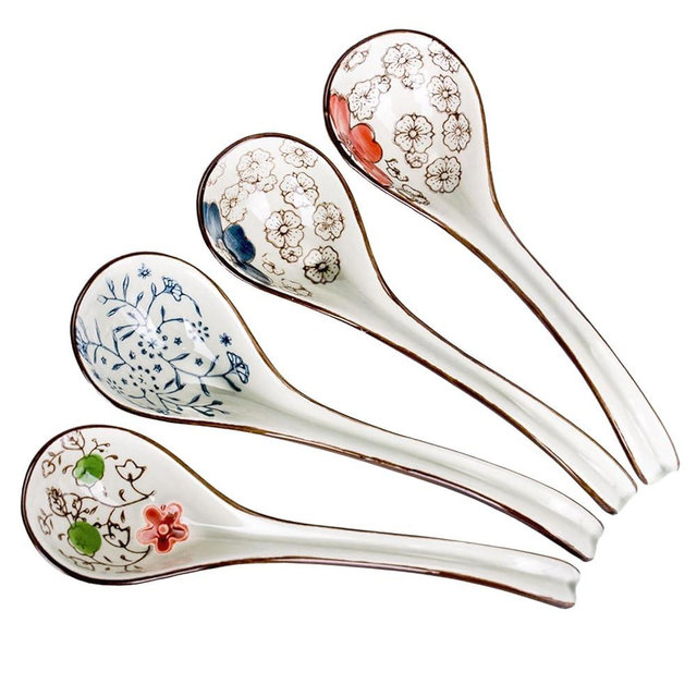 WHJY Asian Soup Spoon, Ceramic Ramen Spoon, Ramen Soup Spoon, Chinese Ceramic Spoons, Miso Soup Spoons Dumpling - Set of 4 Brown