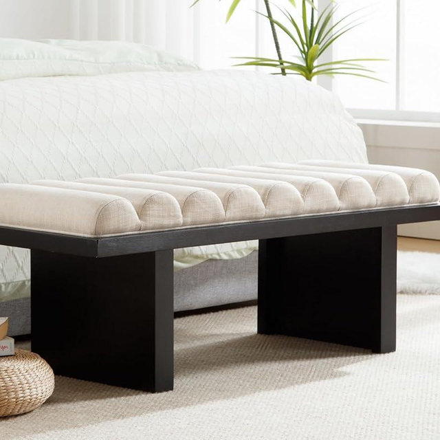 CIMOTA Modern Bedroom Bench, 47 Inch Upholstered End of Bed Bench Padded Entryway Bench with Cylindrical Cushion/Black Wood Legs, Wooden Window Bench for Living Room/Hallway, Linen Beige