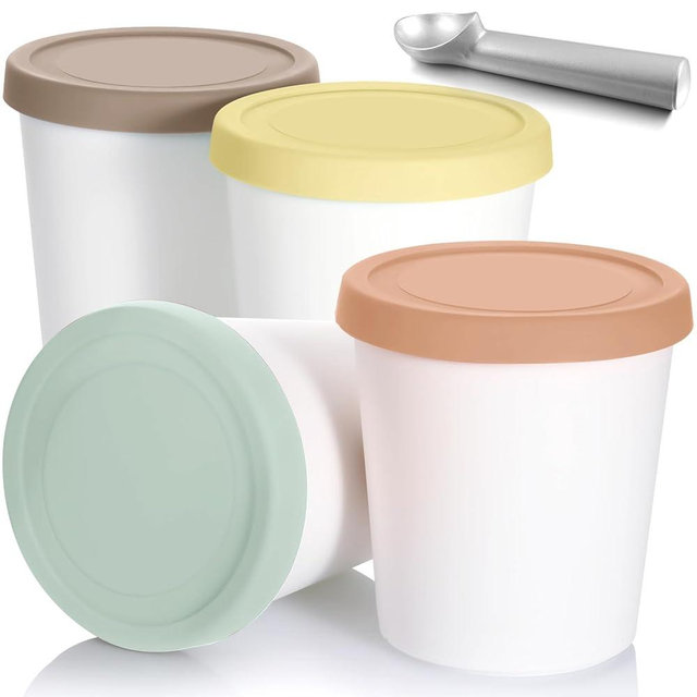 Nuenen 5 Pack Ice Cream Containers 1Qt Freezer Storage Tubs with Silicone Lids and Spoon for Homemade Ice Cream Reusable, Sorbet Dishwasher Safe (Morandi Colors)