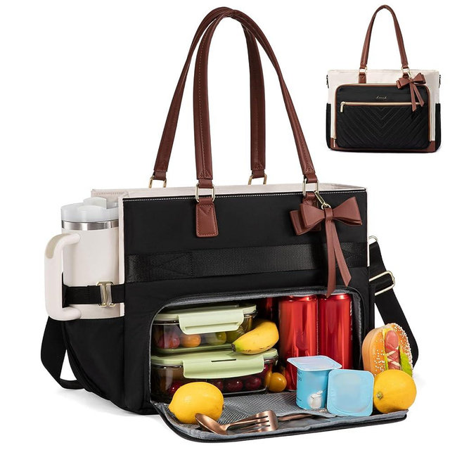 LOVEVOOK Lunch Bag, Tote Bag for Women with Insulated Lunch Compartment, Laptop Bag with Large Capacity & Cup Holder, Work Tote for Teacher, Nurse, Travel, College, Daily, Black-Beige-Brown, 17.3 Inch