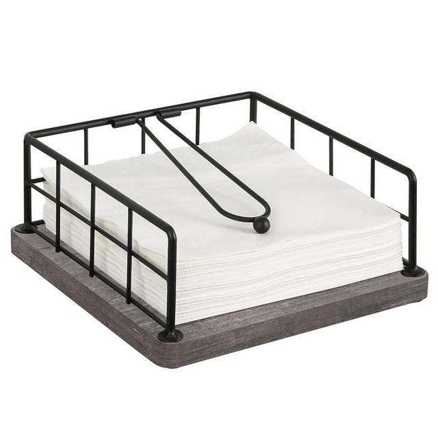 YINMIT Flat Napkin Holder for Table Wood, Gray Farmhouse Napkin Holders with Weighted Arm, Rustic Metal Square Napkin Holder Organizer for Kitchen Bathroom Dining Table