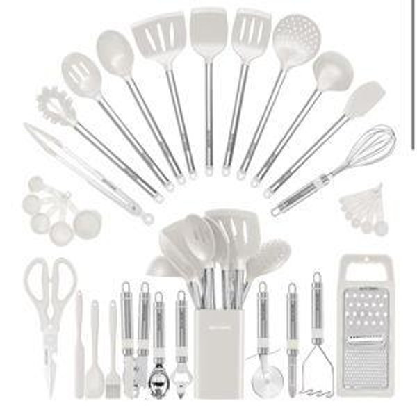 Kitchen Utensil Set-Silicone Cooking Utensils-33 Kitchen Gadgets & Spoons for Nonstick Cookware-Silicone and Stainless Steel Spatula Set-Best Kitchen Tools, Useful Pots (Cream White)