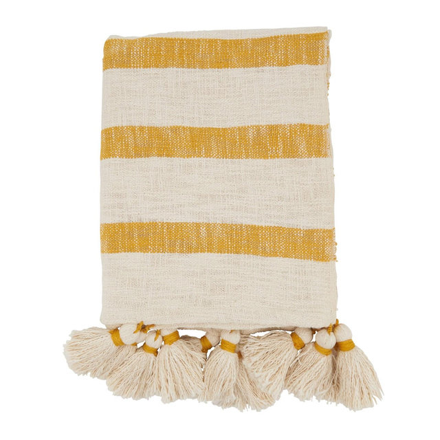 50"x60" Luxe Striped Tassel Throw Blanket Mustard Yellow - Saro Lifestyle: Cotton, Machine Wash, Tumble Dry, All Ages