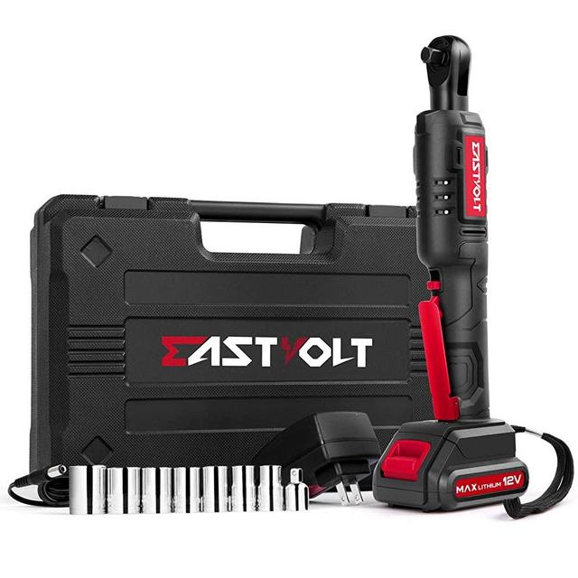 Eastvolt 12V Cordless Electric Ratchet Wrench Set, 3/8 Inch 35ft-lbs Power Wrench Tool Kit, with Fast Charger, 2.0Ah Lithium-Ion Battery, 7-Pieces 3/8 Inch Metric Sockets and 1/4“ Adaptor