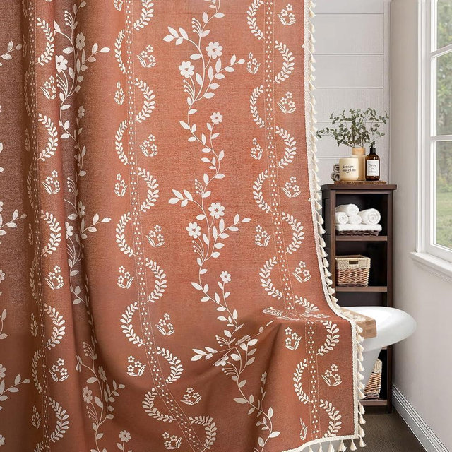NDDYCU Vintage Boho Terracotta Shower Curtain, Floral Patterned Shower Curtains for Bathroom with Tassels, 72 x 72