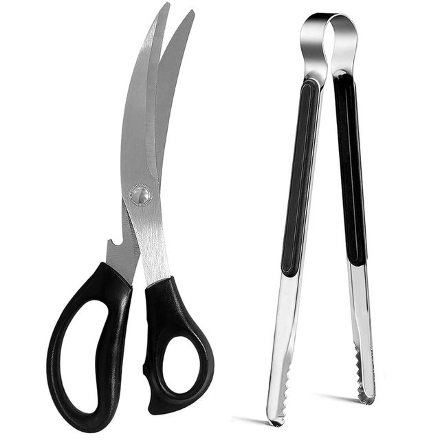 Kitchen Shears, Korean Barbecue Scissors and Tongs Set, Kitchen Scissors and Tongs for Cutting Meat, Chicken & Vegetables, Stainless Steel Multipurpose Non-slip Serrated Sharp BBQ Scissors BBQ Tongs