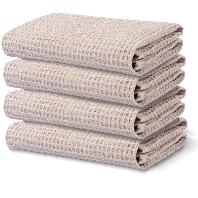 Lycia Home - Kitchen Towels, 100% Turkish Cotton Dish Towels, Waffle Pattern Hand Towels, 24"x18" Premium Dishcloths, Ultra Soft & Absorbent Washcloths, 4 Packs Reuseable Lint Free (Beige)