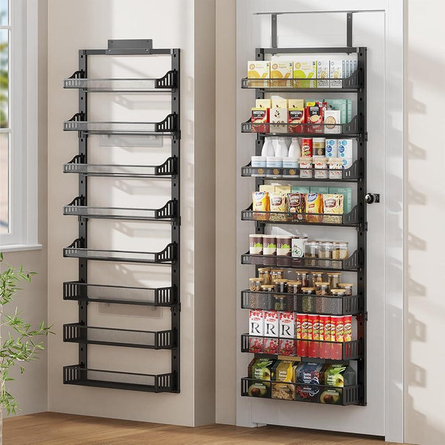 POKIPO 8-Tier Over the Door Pantry Organizer, Large Metal Door Spice Rack with Adjustable Basket, 2 in 1 Wall Mount or Hanging Heavy-Duty Pantry Door Storage Shelf for Kitchen and Bathroom, Black