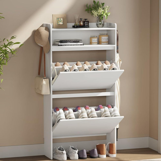 Draelibor Shoe Cabinet Organizer with 2 Flip Drawers，Freestanding Shoe Rack Cabinet，Narrow Shoe Cabinet Storage for entryway, Foyer, Hallway, White, 23.6" W