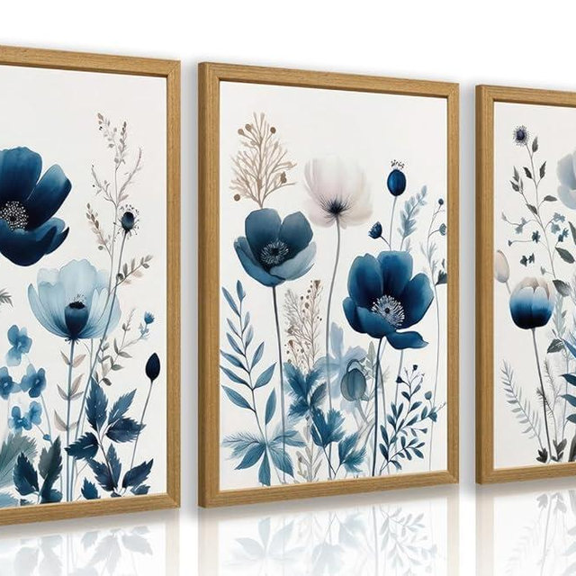 LLEEMPI Navy Blue Floral Wall Art Set of 3, Modern Wildflower Wall Decor, Watercolor Botanical Canvas Paintings, Classic Minimalist Poster Prints for Bedroom Bathroom Office Wood Framed 12x16 Inch