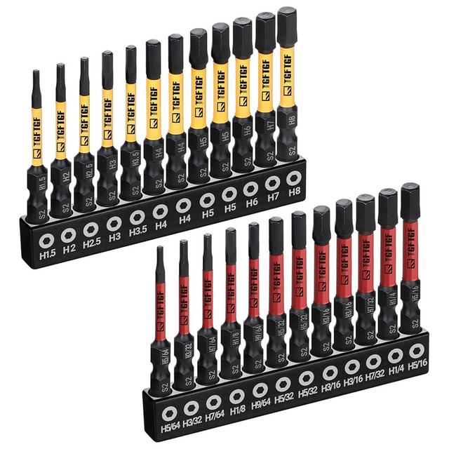 TGFTGF Impact Hex Head Allen Wrench Drill Bit Set, 24PCS, 2-inch (Metric & SAE), Premium S2 Steel 1/4" Hex-Shank Hex Bit Set, CNC Machined Magnetic Screwdriver Bit Set, Storage Box, Automotive Home