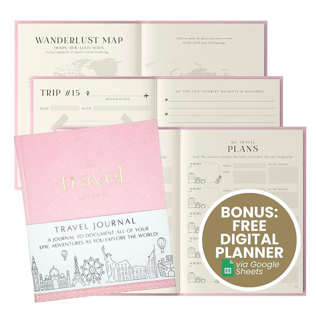 Inspired Ink Travel Journal for Women and Men Travel Bucket List Journal 210 Pages Traveler Adventure Notebook – Itinerary Planner Organizer & Traveling Memory Diary Memorial Gift for Travelers - Pink