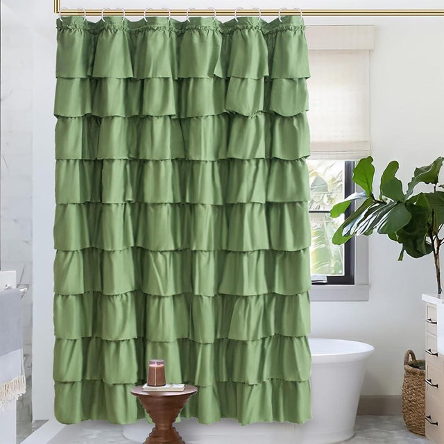 WestWeir Sage Green Ruffle Shower Curtain, Chic Farmhouse & Boho Cottage Style, Soft Textured Fabric Adds Sophisticated Look, Long Coverage & Privacy Bathrooms Curtains for Girly Women,72 x 72 inches