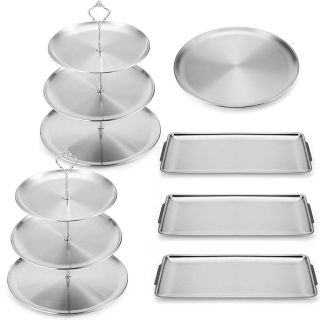 Zubebe 6 Pcs Dessert Table Display Set 2 Stainless Steel Cupcake Stand 3 Tier Cake Holder 3 Rectangle Serving Tray 1 Round Cake Tray Tiered Candy Cupcake Tower for Party Wedding Birthday (Silver)