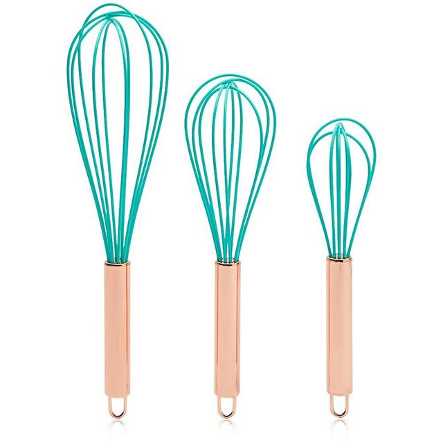 Juvale Teal Silicone Whisk Set with Rose Gold Handle for Baking (3 Sizes, 3 Pack)