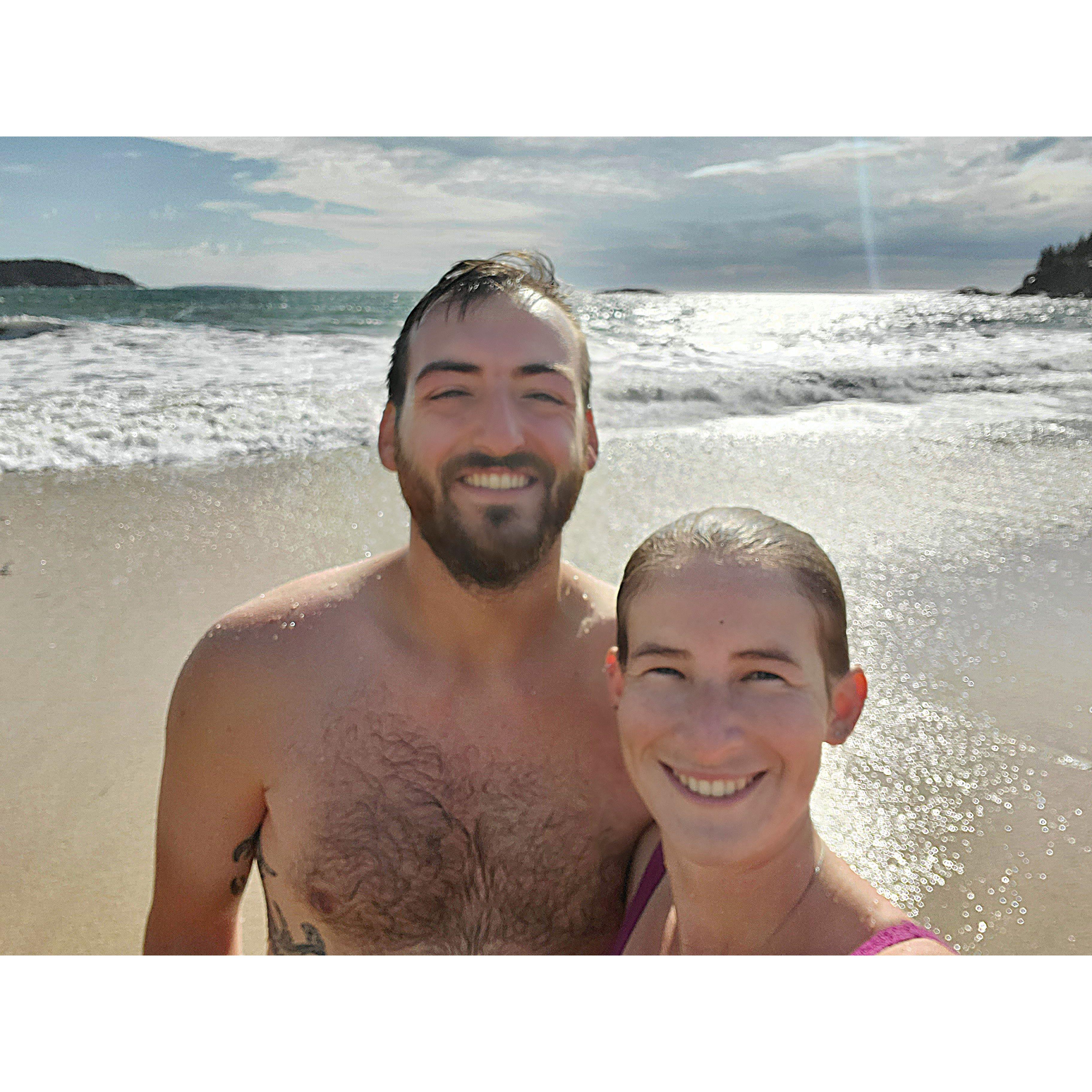 A dip in the ocean at Acadia National Park! It was October, the water was freezing, and we had a lot of people starring at us.