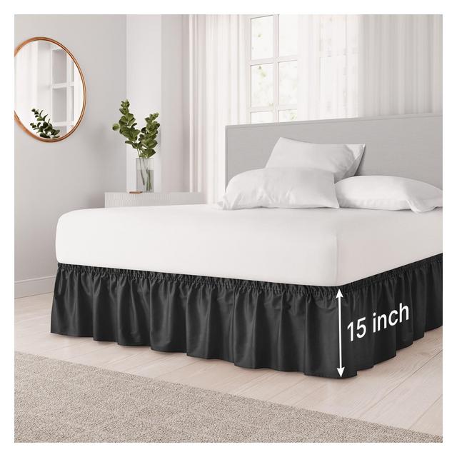 CGK Linens Ruffled Elastic Wrap Around Bedskirt 15 Inch Drop in Black, Size King