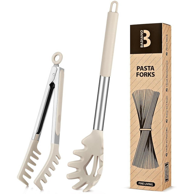 Silicone Spaghetti Spoon & Pasta Tong, Non-Stick Stainless Steel Handle Pasta Fork Set with Teeth, Food Clip for Easy Serving of Noodles (Khaki)