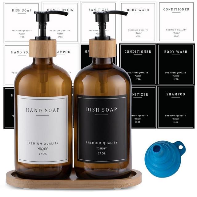 Amber Glass Soap Dispenser - Dish Soap Dispenser for Kitchen and Hand Soap Dispenser Set, Soap Dispenser Bathroom with Sturdy Pump and Tray, 14 Waterproof Labels,Refillable Soap Dispenser-Amber