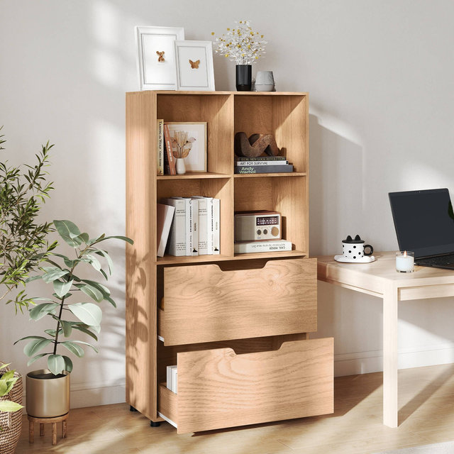 Costway 51” 4-Cube Bookcase with 2 Drawers, 5-Tier Tall Freestanding Bookshelf for Study Natural
