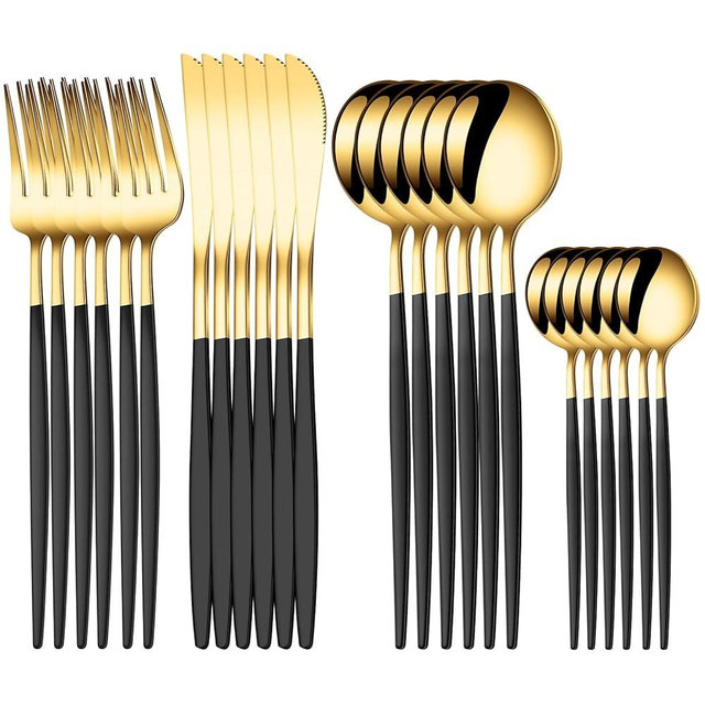 PEIRONG 24 PCS Gold Silverware Set, Food-Grade Stainless Steel Flatware Set for 6, Cutlery Set Tableware with Black Handle, Steak Knives Forks and Spoons, Utensil Sets for Home Restaurant Hotel