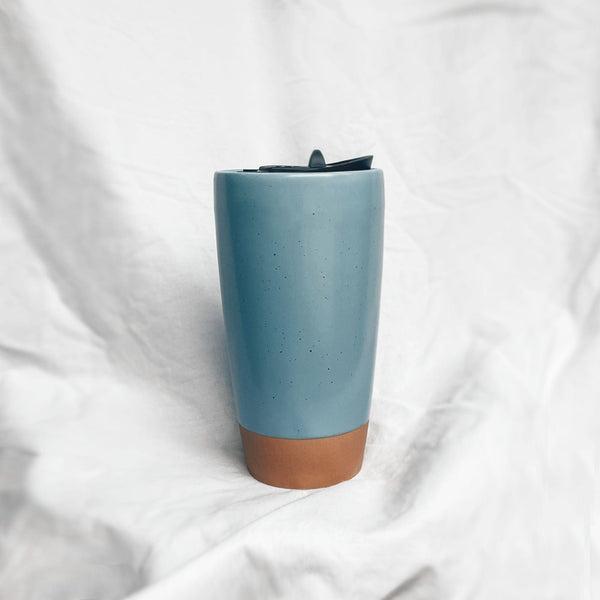 Double Walled Ceramic Travel Mug with Lid - Dusty Blue - 14oz