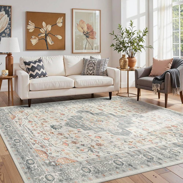 Rugxara 5X7 Washable Area Rug for Living Room, Vintage Neutral Large Boho Rugs for Office, Dining Room, Kids Room, Farmhouse, Low Pile Non Slip Carpet for High Traffic Areas, Taupe