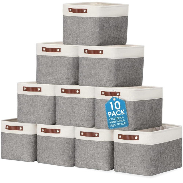 Uiifan 10 Pcs Collapsible Storage Bins Fabric Foldable Storage Basket with Handles Cloth Organizer Linen Shelf Baskets for Shelves Home Closet Nursery Toys(16 x 12 x 10 Inch,Gray and White)